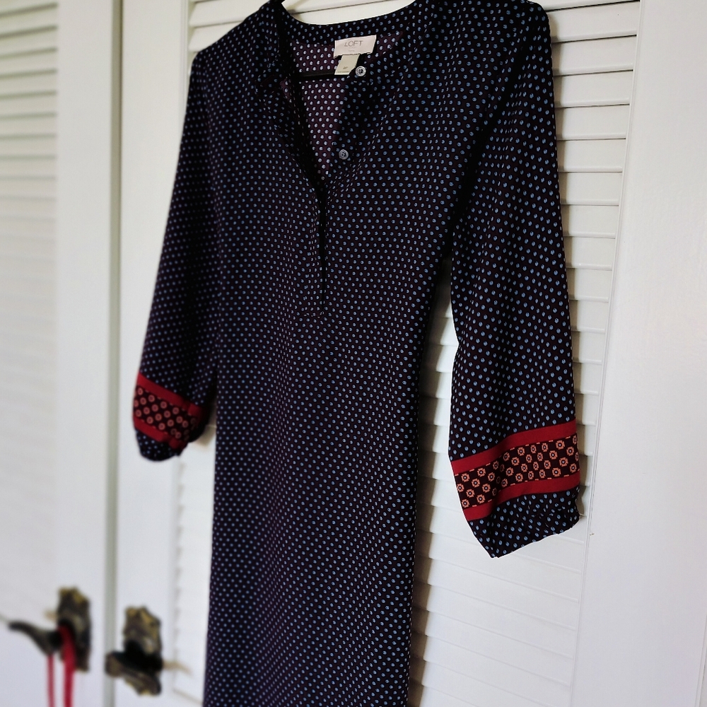 LOFT Brown Navy and Red Patterned Midi Dress Petite Small